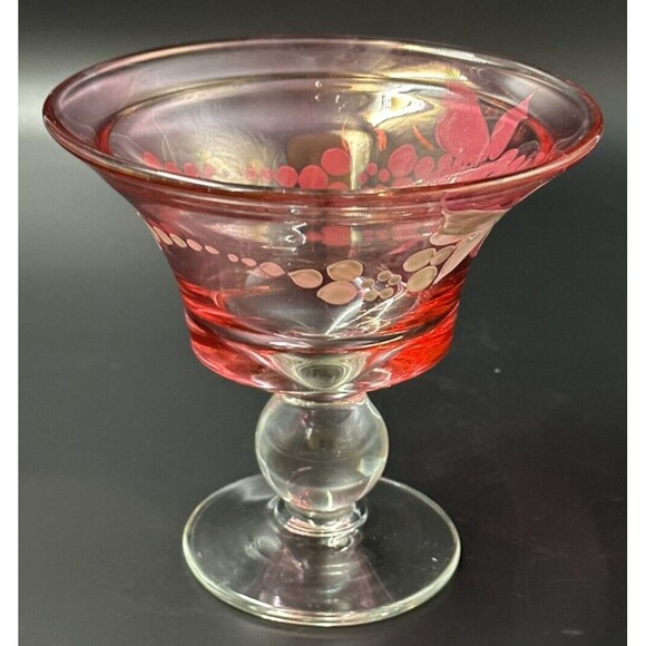 Hand Painted Design on Cranberry Glass Footed Bowl with Clear Glass Pedestal - Picture 5 of 8